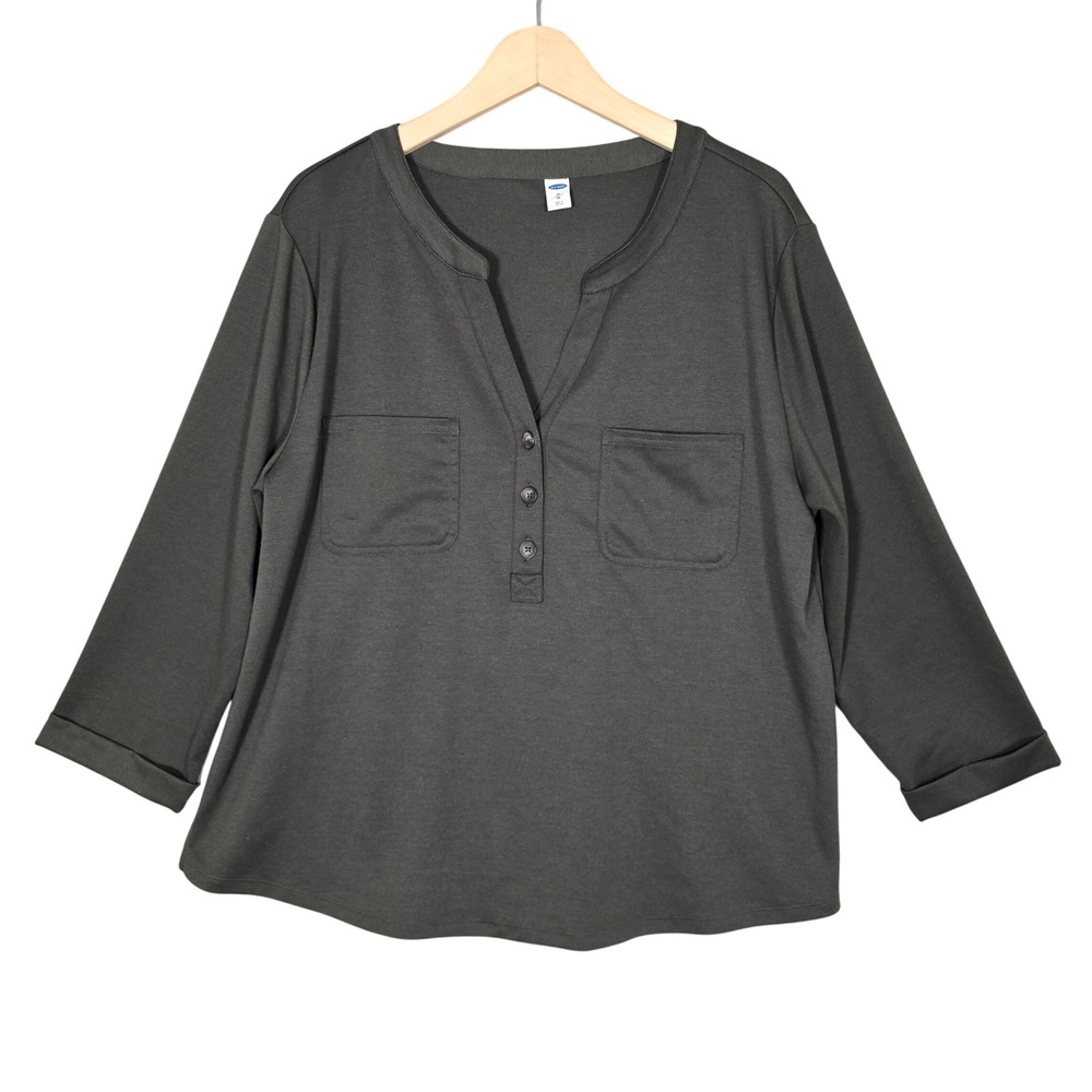 Old Navy Women's Tunic Top Henley V-Neck 3/4 Sleeve Pockets Olive Green XL